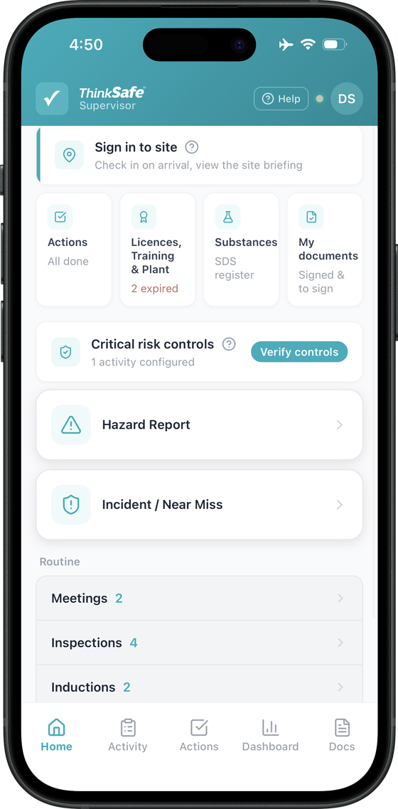 ThinkSafe app home screen — site sign-in, actions, licences, substances, documents, critical risk controls, hazard and incident reporting