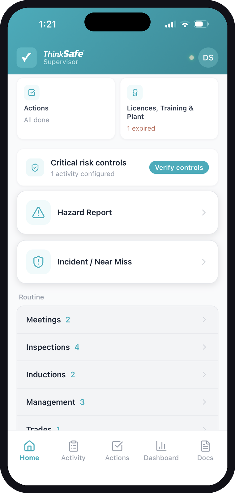 ThinkSafe app home screen — actions, licences, critical risk controls, hazard and incident reporting
