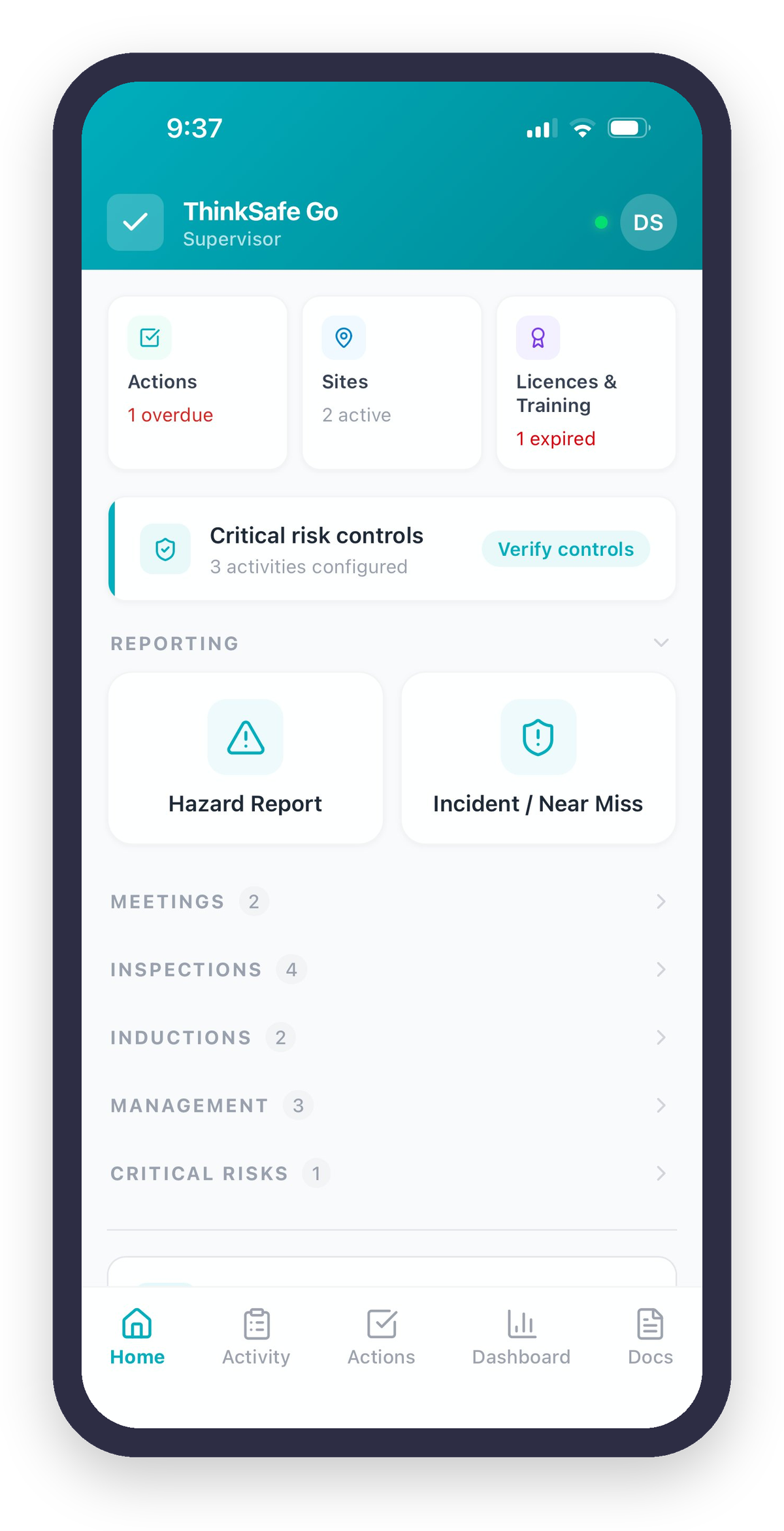 ThinkSafe Go app home screen showing hazard reports, incident reporting, inspections, meetings, and critical risk controls