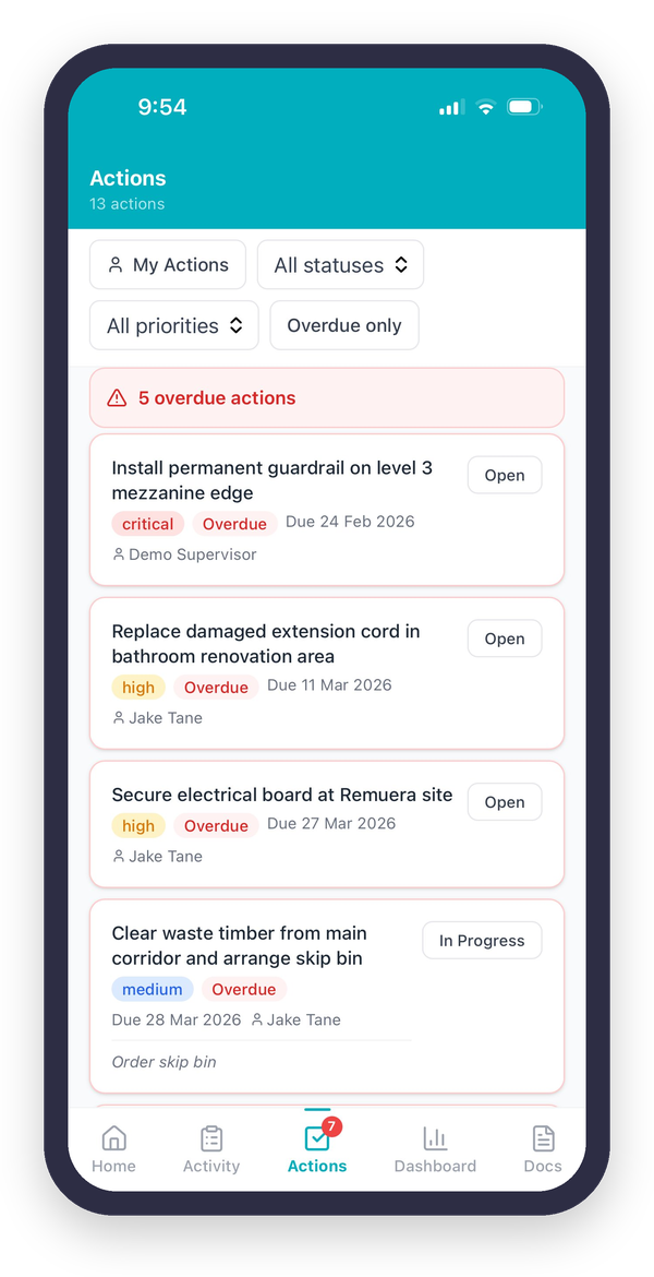 ThinkSafe Go actions screen showing corrective action tracking and task management