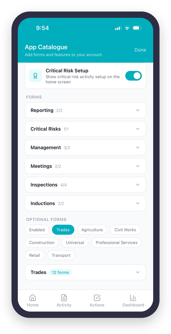 ThinkSafe Go app catalogue screen showing industry-specific health and safety form templates across trades, construction, agriculture, and more