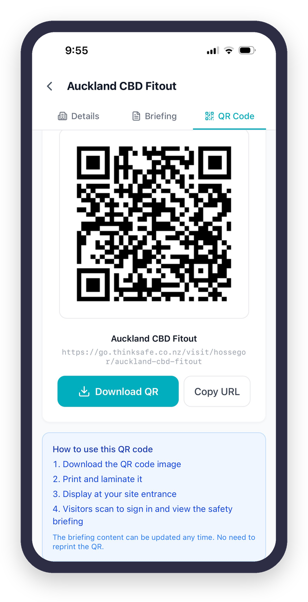 ThinkSafe Go QR code site sign-in screen for visitor and contractor safety inductions